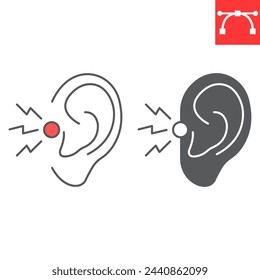 Ohrschmerzlinie und Glyphensymbol, Körperschmerz und menschliche Krankheit, Taubheitsvektorsymbol, Vektorgrafik, bearbeitbares Schlaganfall-Umrisszeichen, eps 10.