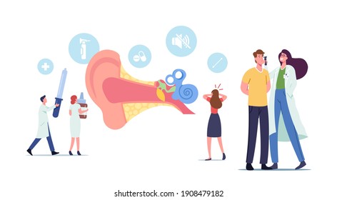 Ear Pain, Tinnitus, Otitis, Concept. Tiny Male and Female Characters Doctors and Patients at Huge Human Ear Anatomy Cross Section View with Cochlea and Parts. Cartoon People Vector Illustration