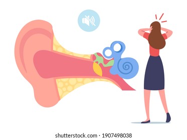 Ear Pain, Tinnitus, Otitis or Deaf Concept. Tiny Female Characters Suffer of Ache Holding Dizzy Head at Huge Human Ear Anatomy Cross Section View with Cochlea and Parts. Cartoon Vector Illustration