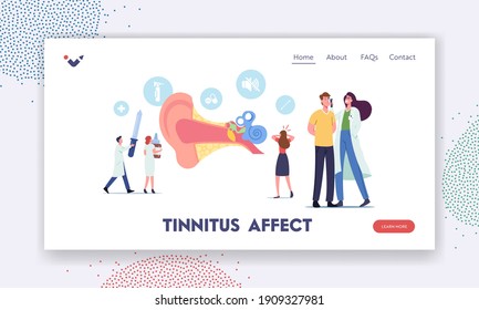 Ear Pain, Tinnitus, Otitis, Landing Page Template. Tiny Characters Doctors and Patients at Huge Human Ear Anatomy Cross Section View with Cochlea and Parts. Cartoon People Vector Illustration