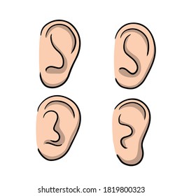 Ear. Part of human body. Eement of head. Symbol of hearing and eavesdropping. Set of different forms. Flat cartoon illustration