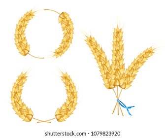 Ear pf wheat, barley, oat, isolated on white background. Wheat sprigs tied with blue ribbon. Wreath of wheat. Vector illustration of spikelet.