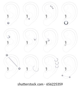 Ear piercing examples - twelve different types - isolated outline vector illustration on white background.
