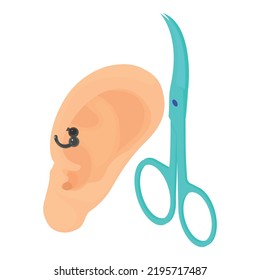 Ear piercing icon isometric vector. Human ear with piercing, surgical instrument. Surgery, body modification, youth culture