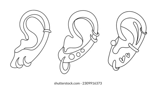 Ear piercing options. Ear shell with decorations. International Body Piercing Day. One line drawing for different uses. Vector illustration.