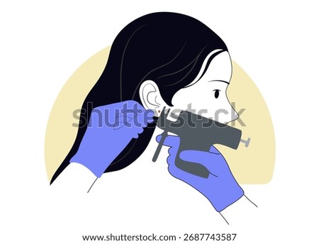 Ear piercing process, close-up, gloved hands pierces the earlobe with a piercing gun. Simple cartoon style illustration.