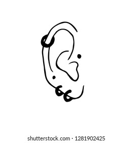 Ear piercing. Vector human ear with piercing. Hand drawn. Vector isolated outline drawing