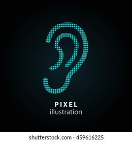 Ear - pixel icon. Vector Illustration. Design logo element. Isolated on black background. It is easy to change to any color.