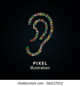 Ear - pixel icon. Vector Illustration. Design logo element. Isolated on black background. It is easy to change to any color.
