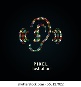 Ear - pixel icon. Vector Illustration. Design logo element. Isolated on black background. It is easy to change to any color.