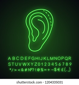 Ear plastic surgery neon light icon. Otoplasty. Ear reshaping and reconstruction. Facial rejuvenation. Glowing sign with alphabet, numbers and symbols. Vector isolated illustration