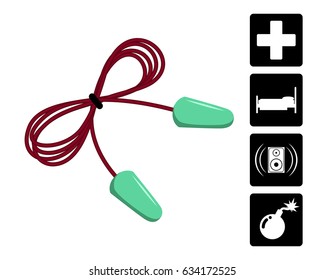 Ear plugs vector illustration. Foam ear plugs with usage icons set. Foam earplugs isolated on white. 3D like simple style template for advertisement, safety posters, package design.