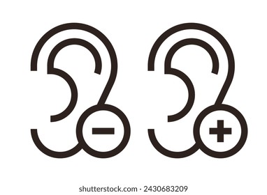 Ear with plus and minus symbol. Image of more or less volume isolated on white background