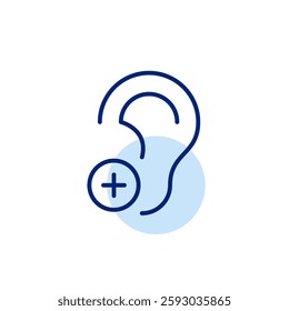 Ear and plus sign. Audio input up, sound amplification assistance. Hearing problems healthcare solutions. Pixel perfect, editable stroke vector icon