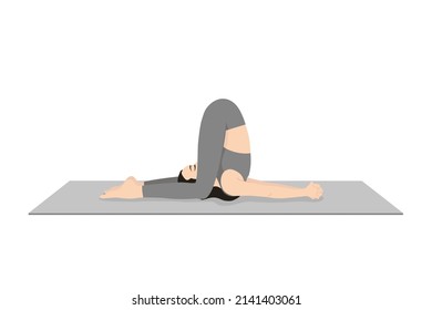 Dosis de presión arterial, Variación halasana de rodillas al suelo, Pose de los hombres sordos. Bella muchacha practica Karnapidasana. Joven atractiva practicando yoga. ejercicios, ropa deportiva negra