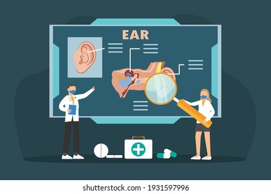 Ear problem vector concept: Two doctors examine deaf ear on the screen while using magnifying glass