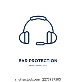 icono de protección de oído de la colección de mapas y banderas. Protección lineal delgada, protección, icono de contorno facial aislado en fondo blanco. Signo de protección de oreja vectorial de línea, símbolo para web y móvil