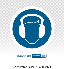 Ear protection must be worn sign. Vector illustration. White pictogram on a blue background. Round shape.