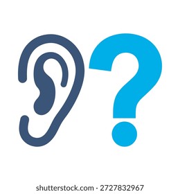 Icono de pregunta de oído Vector plano azul diseño problema de audición símbolo sordo pérdida preguntar confusión elemento gráfico médico signo