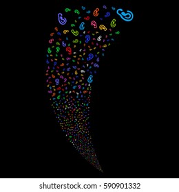 Ear random fireworks stream. Vector illustration style is flat bright multicolored iconic symbols on a black background. Object fountain made from scattered symbols.