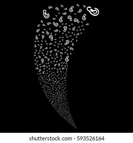 Ear random fireworks stream. Vector illustration style is flat white iconic symbols on a black background. Object fountain organized from scattered pictograms.