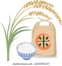 Ear of rice, rice in a bowl and rice bag

There is a description of "rice" in Japanese