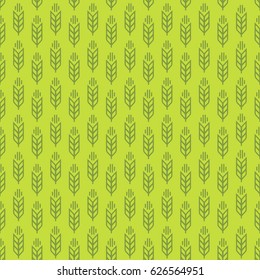 Ear seamless pattern with wheat on green background for decoration nature firm, ecology company, natural product store, organic market, bakery shop, garden, farming, forest. Vector Illustration