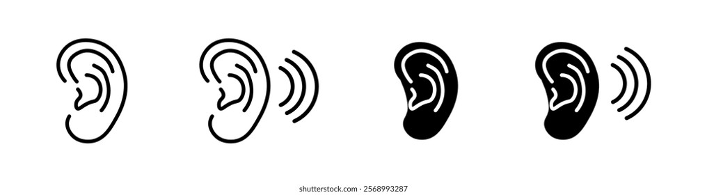 Ear set icons. Linear and silhouette style. Vector icons.
