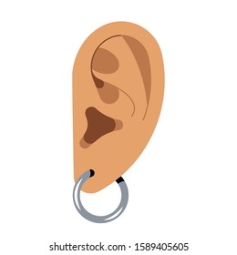 Ear with a silver earring. Piercing. Auricle. Organ of hearing. Vector isolated illustration.