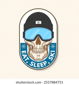 Ear, sleep, ski. Vector retro badge, textile patch. Concept for shirt, print, seal or stamp with ski glasses, skull skeleton in winter sport hat. Family vacation, activity or travel. For logo design