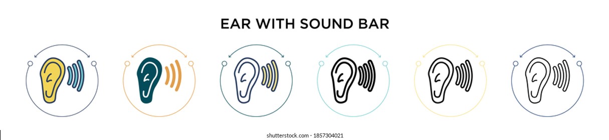 Ear with sound bar icon in filled, thin line, outline and stroke style. Vector illustration of two colored and black ear with sound bar vector icons designs can be used for mobile, ui, web
