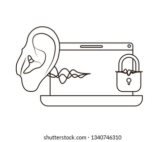 ear with sound wave and laptop