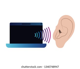 ear with sound wave and laptop