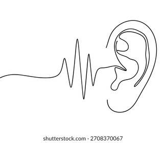 Vector de onda de sonido de oído . Vector de ilustración de audio de audición continua de una línea