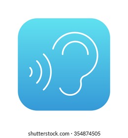 Ear and sound waves line icon for web, mobile and infographics. Vector white icon on the blue gradient square with rounded corners isolated on white background.