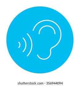 Ear and sound waves line icon for web, mobile and infographics. Vector white icon on the light blue circle isolated on white background.