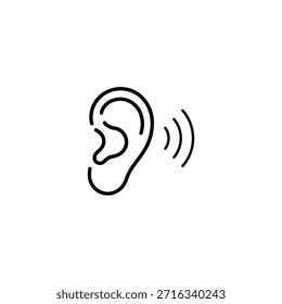 Ouvido com ondas sonoras, símbolo de audição e audição, desenho de contorno simples sobre fundo branco, conceito de áudio