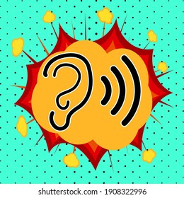 Ear and sounds sign, pop art explosion, vector illustration for design
