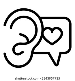 Ear, speech balloon with heart, compliment line icon, dating concept, like to hear vector sign on white background, outline style icon mobile concept web design. Vector graphics.