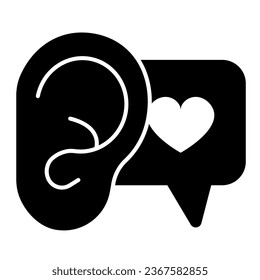 Ear, speech balloon with heart, compliment solid icon, dating concept, like to hear vector sign on white background, glyph style icon for mobile concept and web design. Vector graphics