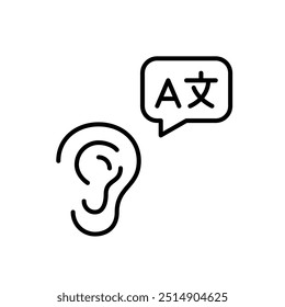 Ear and speech bubble with foreign languages symbols. Language learning aids, translation devices, or voice interpretation systems. Pixel perfect vectoricon