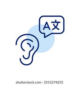 Ear and speech bubble with foreign languages symbols. Language learning aids, translation devices, or voice interpretation systems. Pixel perfect, editable stroke icon