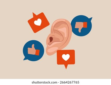 Oreja con burbujas de discurso. Comunicación en redes sociales. Comentarios positivo y negativo en las redes sociales. Ilustración vectorial plana.
