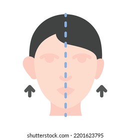 Ear surgery flat design. Cosmetic surgery on face with dotted lines. For plastic surgery clinic, medical and beauty publications. Vector Illustration.