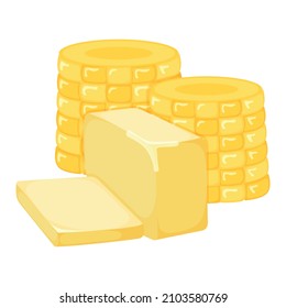 Ear of sweet corn with milk product natural ingredient butter, margarine icon, breakfast organic dairy cartoon vector illustration, isolated on white. Concept high calorie creamery fat food.