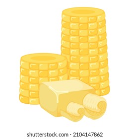 Ear of sweet corn with milk product natural ingredient butter, margarine icon, breakfast organic dairy cartoon vector illustration, isolated on white. Concept high calorie creamery fat food.