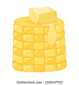 Ear of sweet corn with milk product natural ingredient butter, margarine icon, breakfast organic dairy cartoon vector illustration, isolated on white. Concept high calorie creamery fat food.
