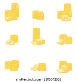 Ear of sweet corn with milk product natural ingredient butter, margarine icon, breakfast organic dairy cartoon vector illustration, isolated on white. Concept high calorie creamery fat food.