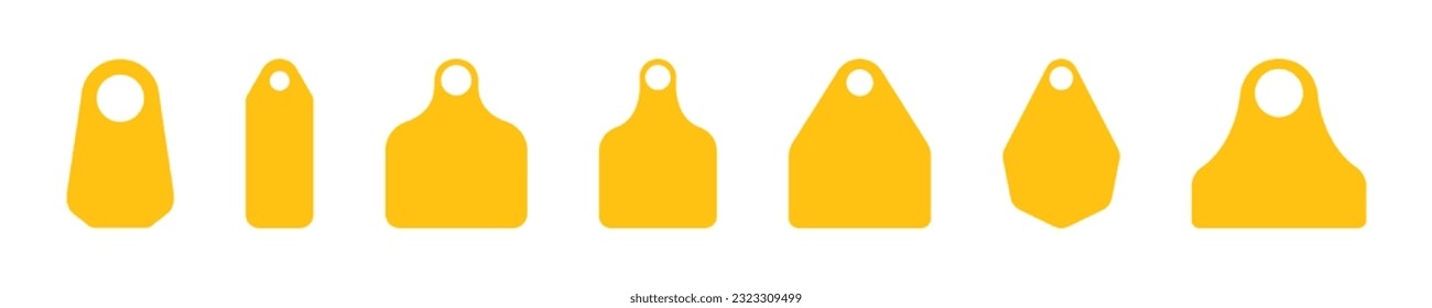 Ear tags for livestock. Set of yellow blank identification labels for farm animals. Collection of earmark mockups for cattle isolated on white background. Vector flat illustration