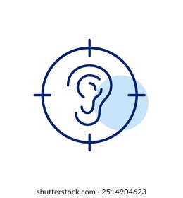 Oreja en el objetivo. Detección de audio, cancelación de ruido o tecnologías de escucha de precisión. Icono de trazo perfecto y editable del píxel